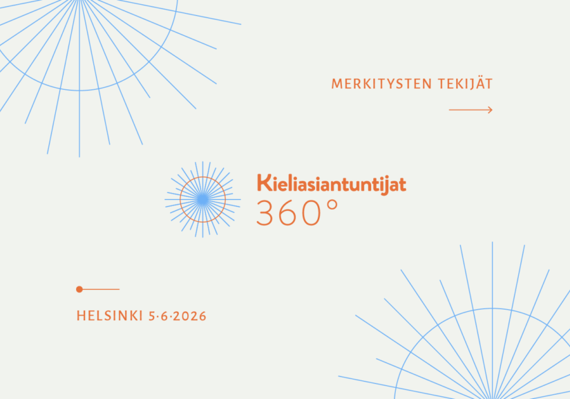 Kieliasiantuntijat 360 astetta logo, jossa on aurinkoa muistuttava sädekehä. Tausta on vaalea ja teksti oranssi. Säteet ovat vaaleansinisiä.