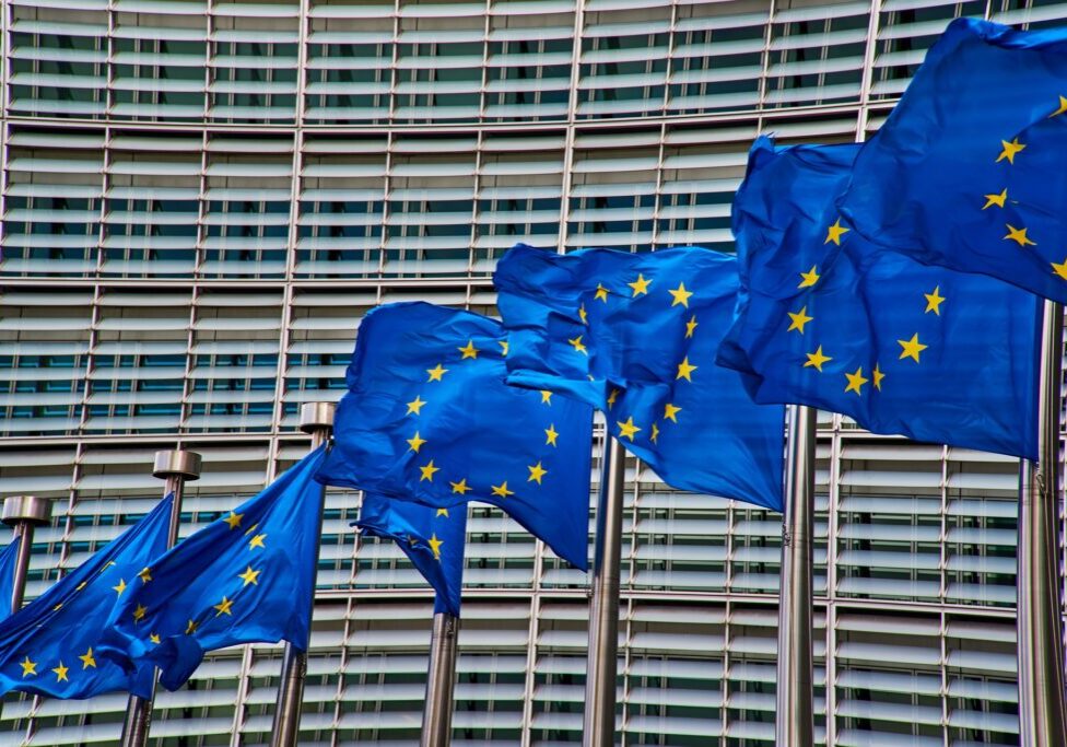 Kuvituskuva: kahdeksan Euroopan lippua liehumassa vierekkäin rakennuksen edessä.