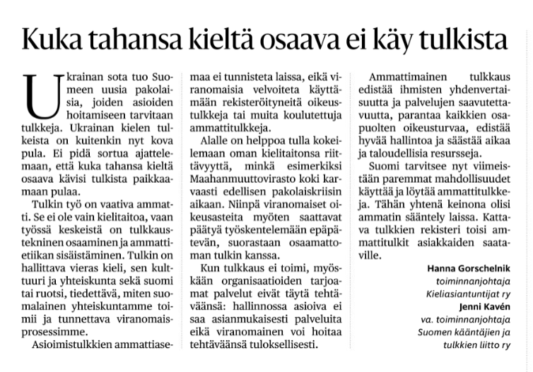 Kuvituskuva: Artikkeli otsikolla Kuka tahansa kieltä osaava ei käy tulkista.